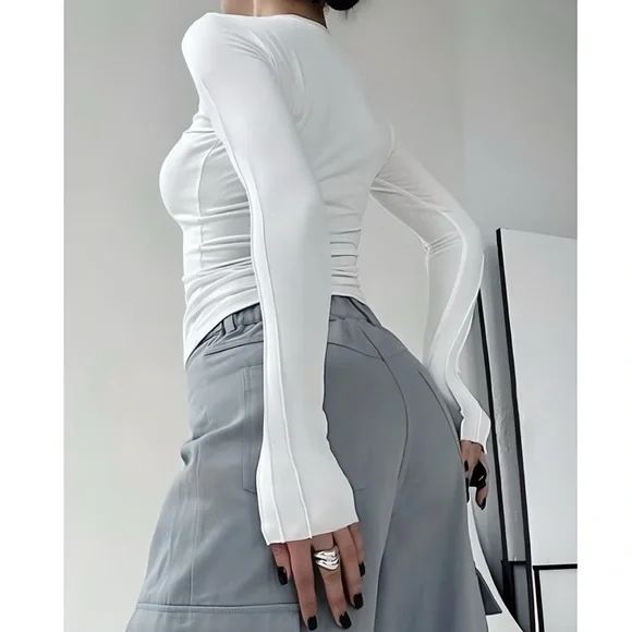 NWT Commense White Ribbed Statement Sleeve Form-Fitting Crew Neck Top size M L - Picture 16 of 16